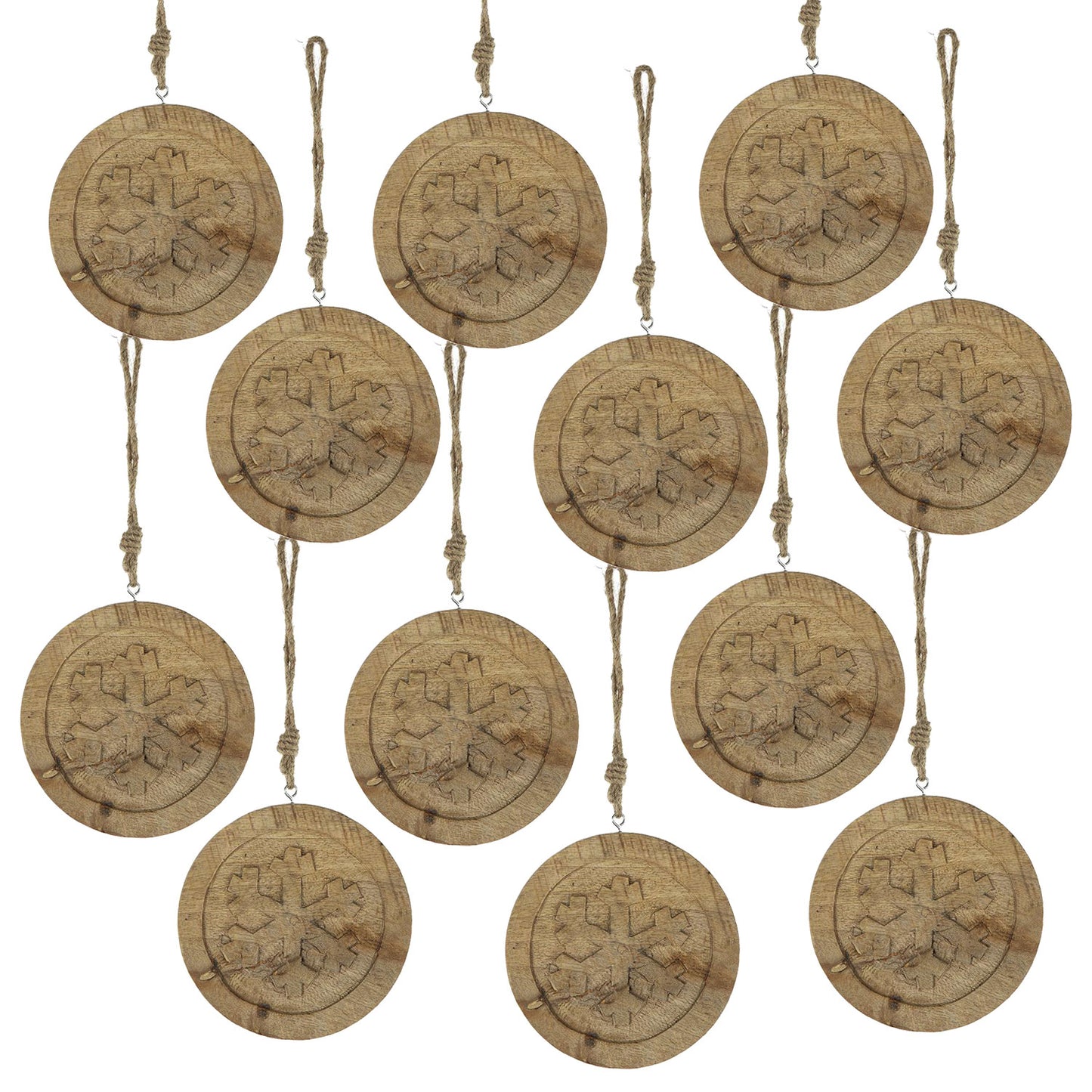 Set of  rustic wooden snowflake ornaments with natural twine hangers
