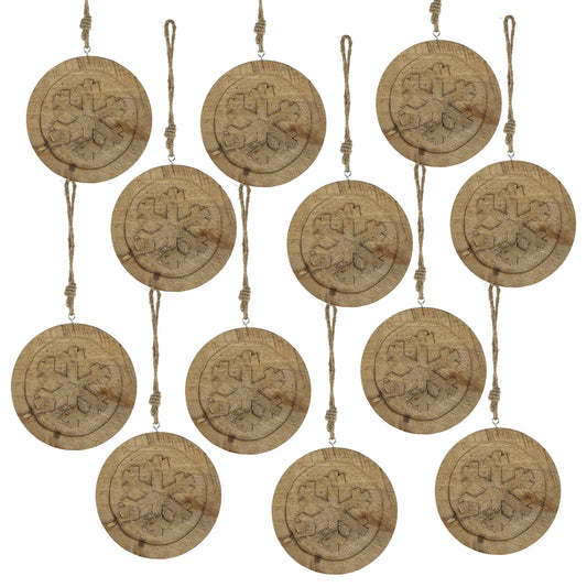 Set of  rustic wooden snowflake ornaments with natural twine hangers