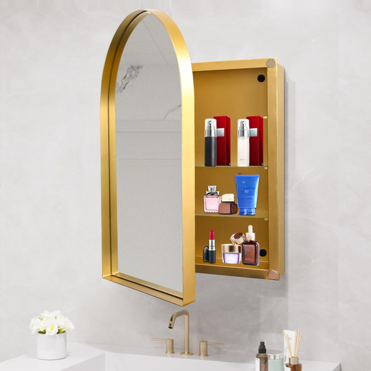 Gold arched medicine cabinet with open door revealing skincare products and makeup essentials