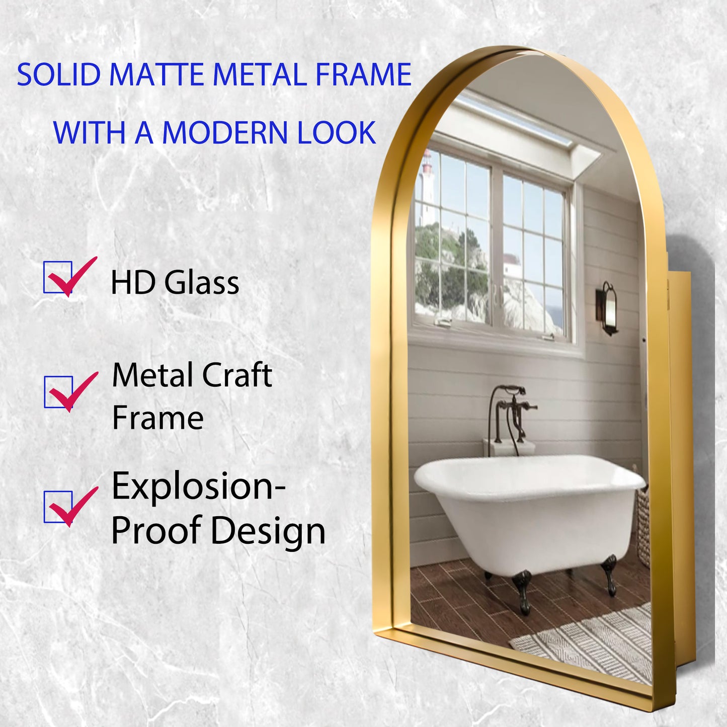 Arched gold metal frame mirror with HD glass and a modern look