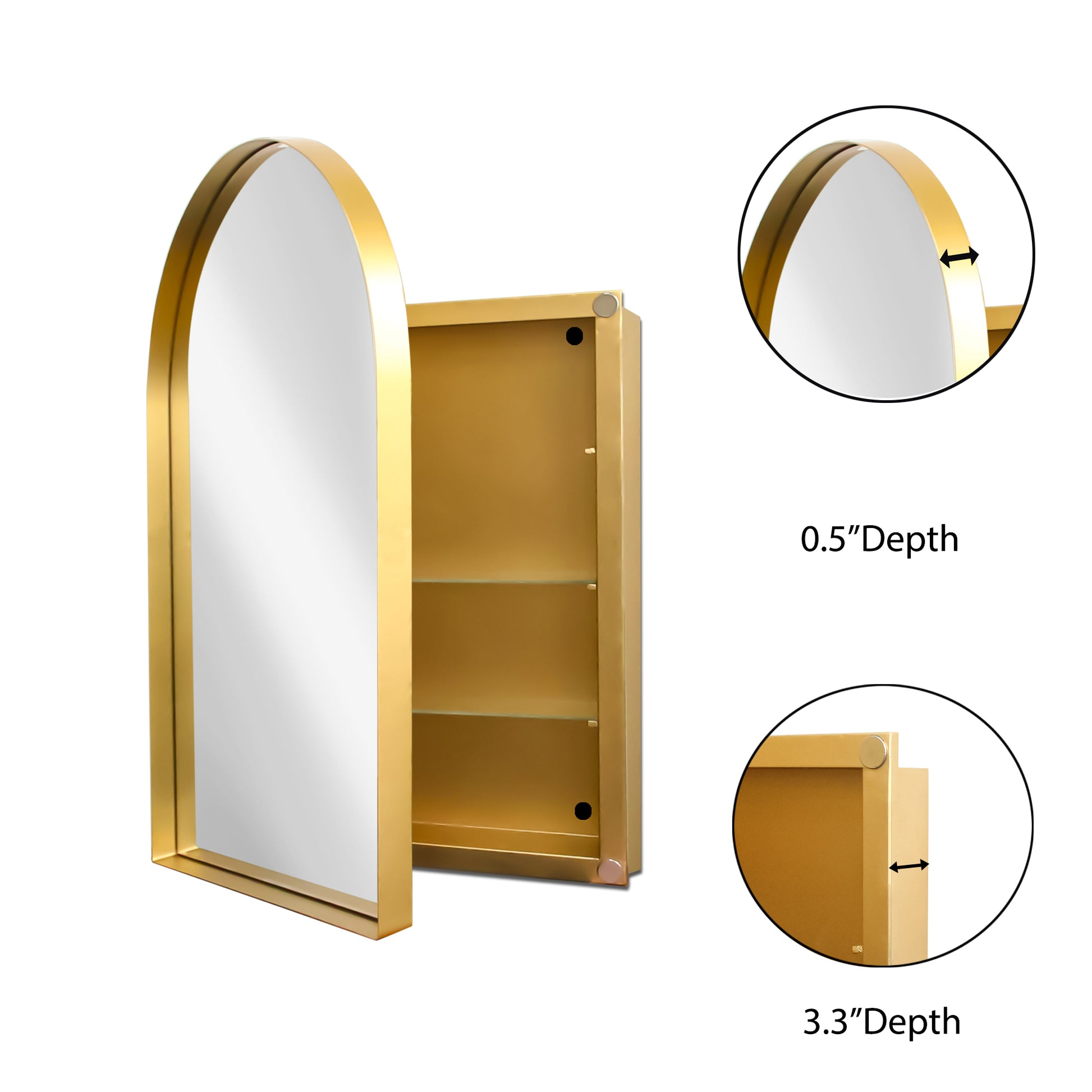 Gold arched medicine cabinet with mirrored door and interior shelves