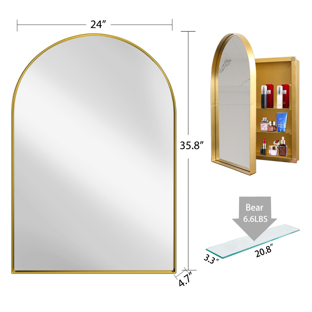 Arched gold framed wall mirror with included medicine cabinet storage