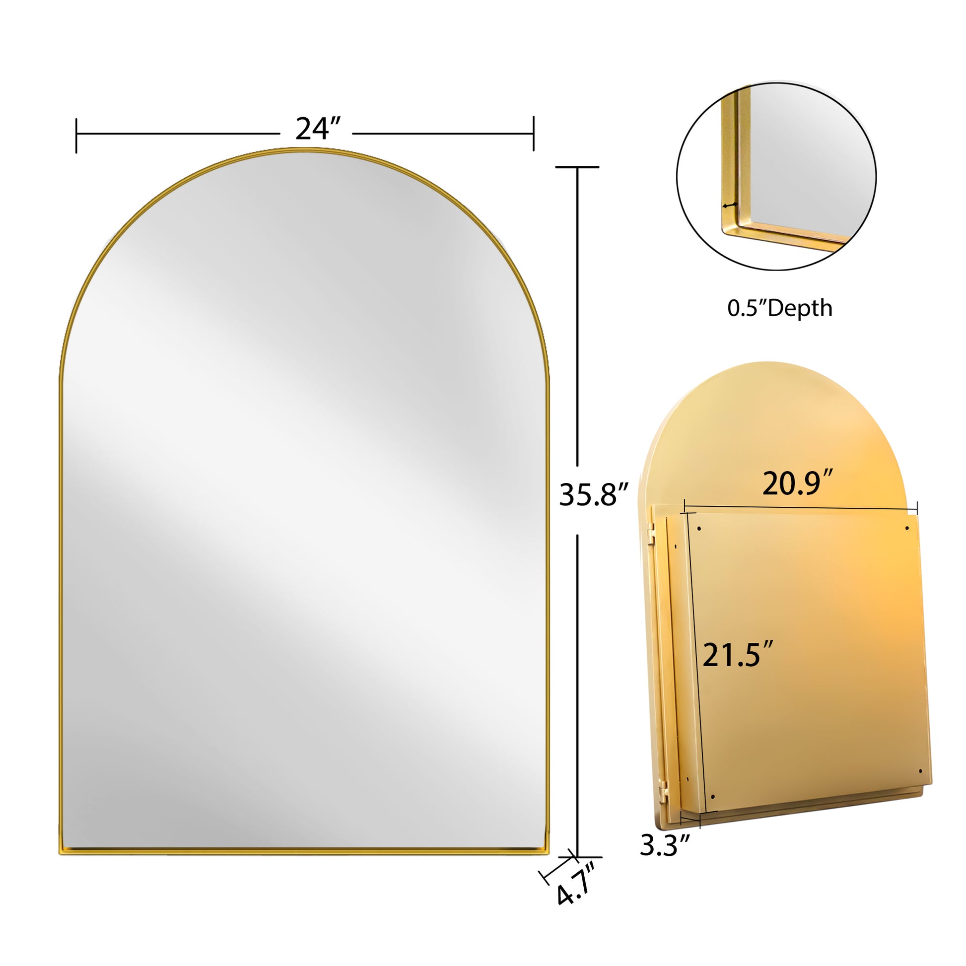Gold arched vanity mirror  W x  H with slim metal frame for elegant home decor