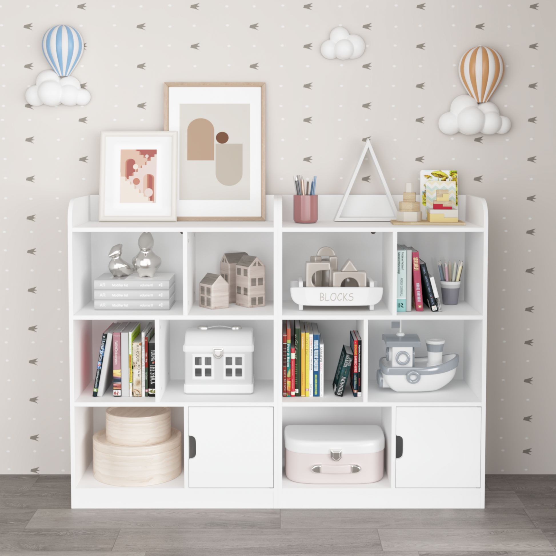 White modern bookshelf filled with kids books decorative houses and toys