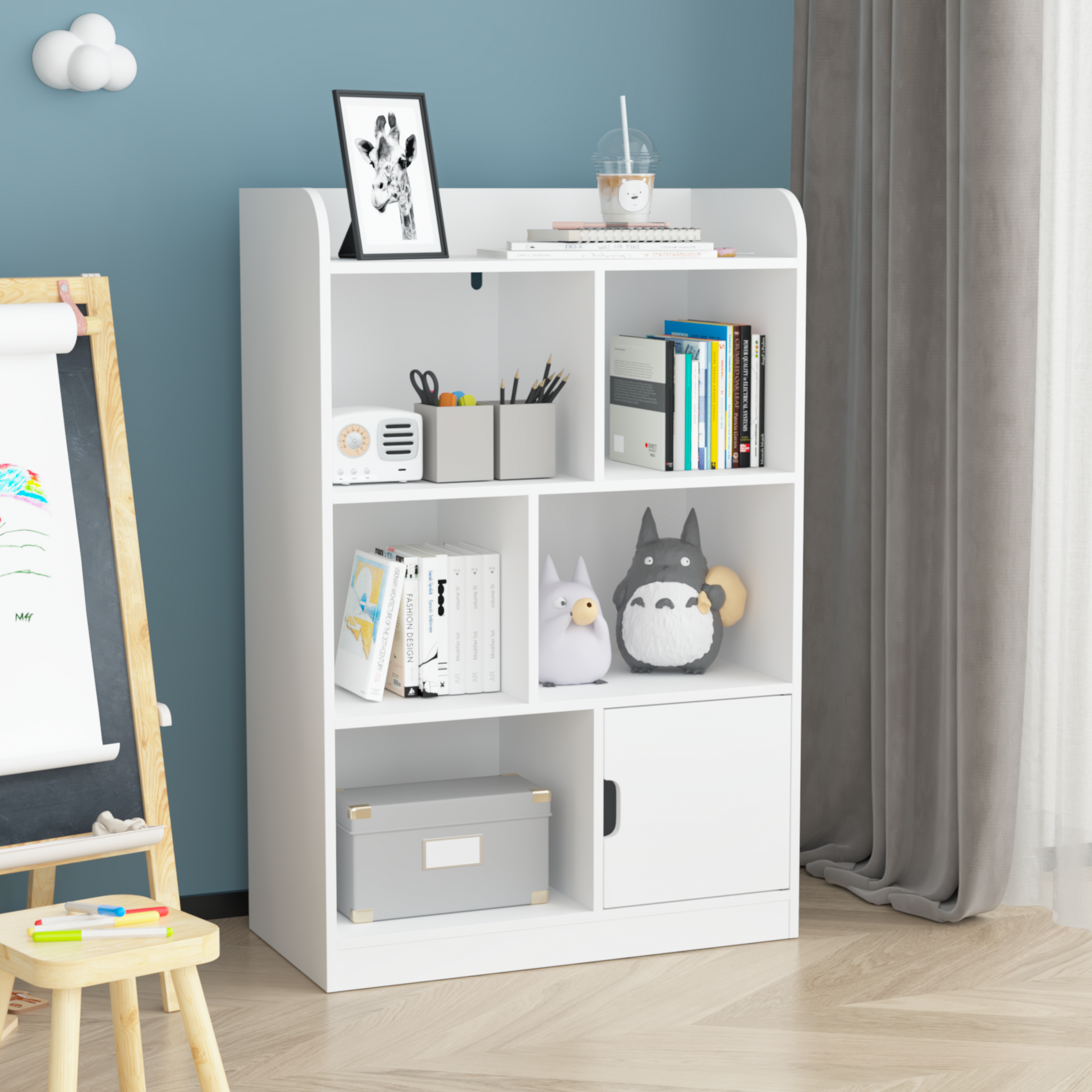 White modern bookshelf with decorative items and a framed giraffe print