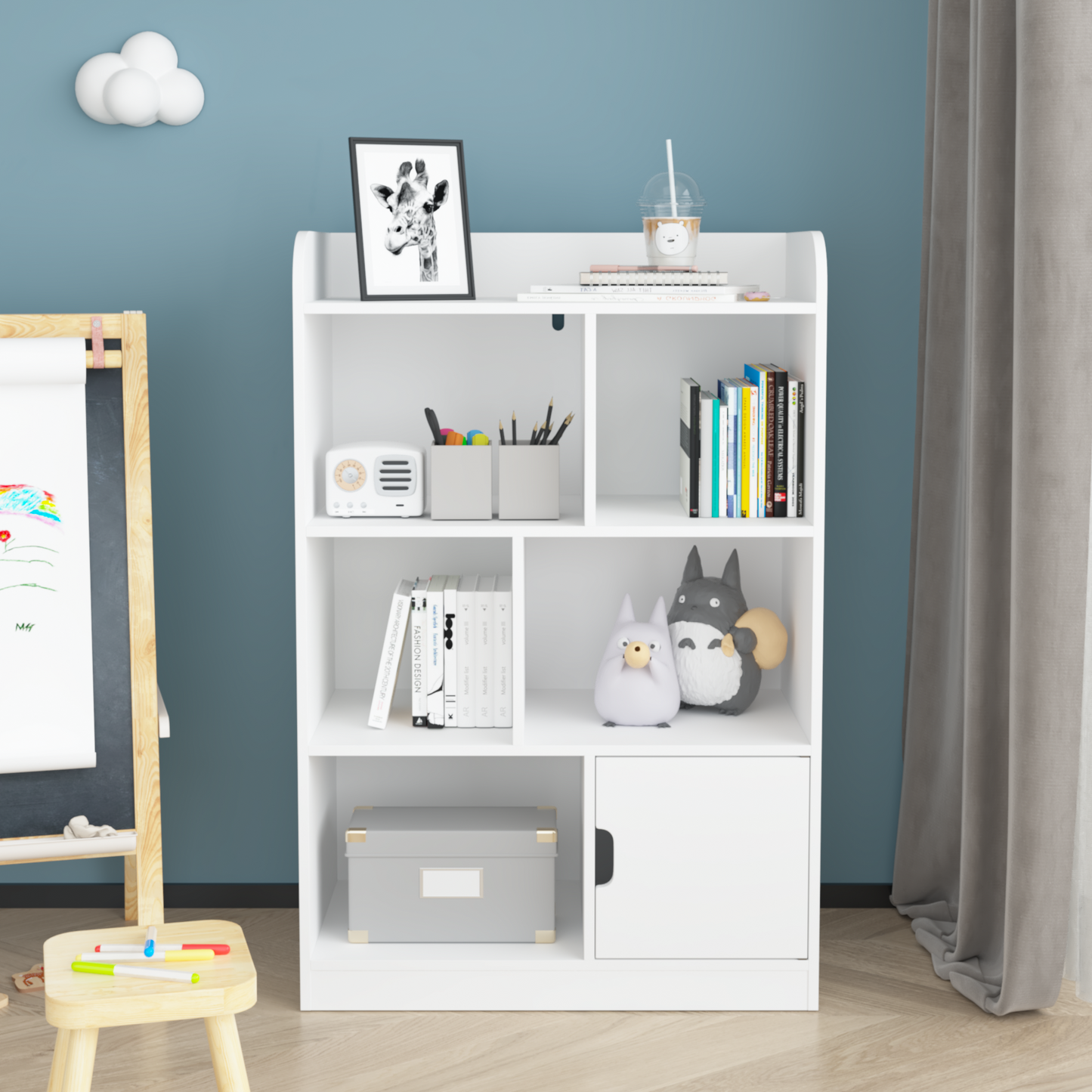 White modern bookshelf with decorative items and books for childrens room storage