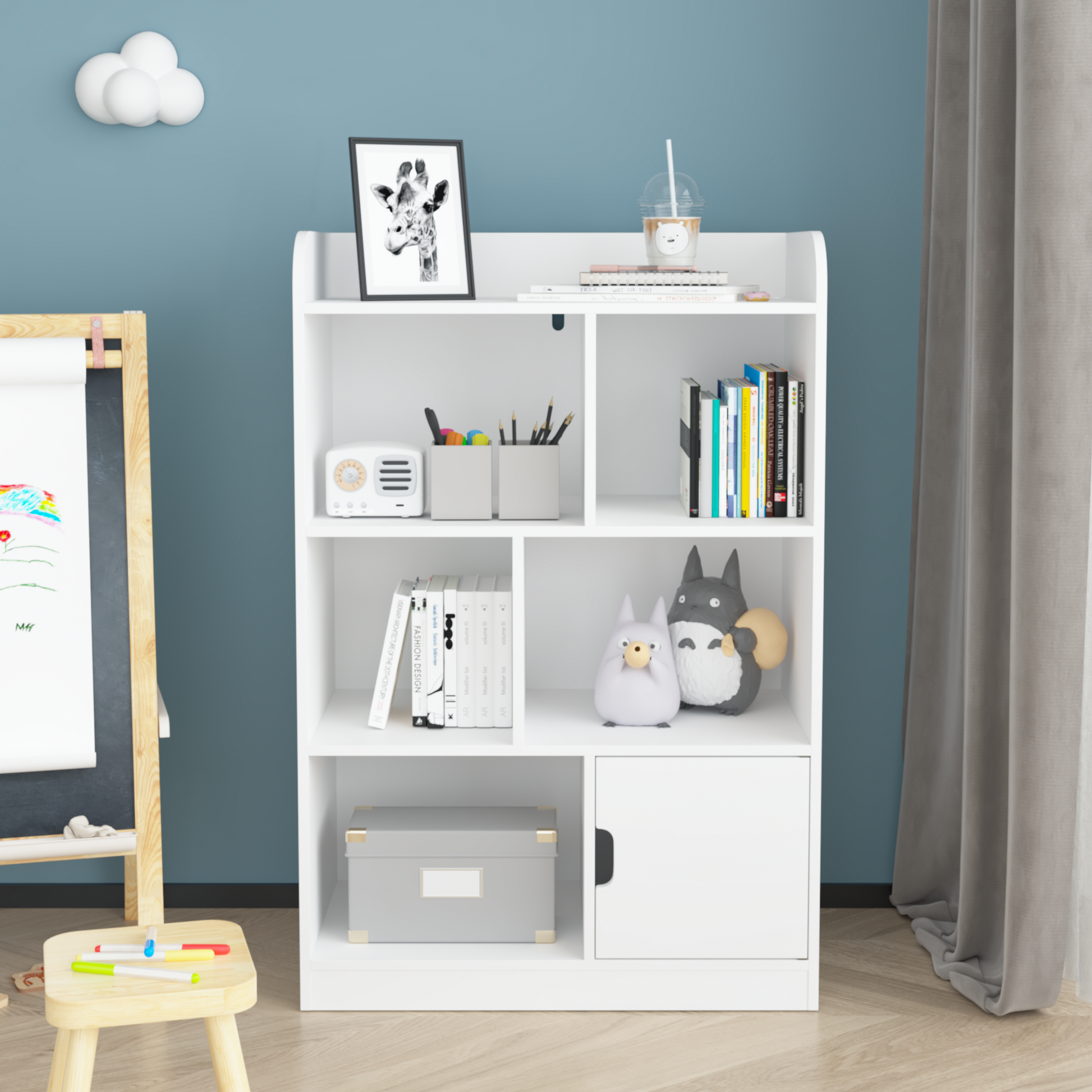 White modern bookshelf with decorative items and books for childrens room storage