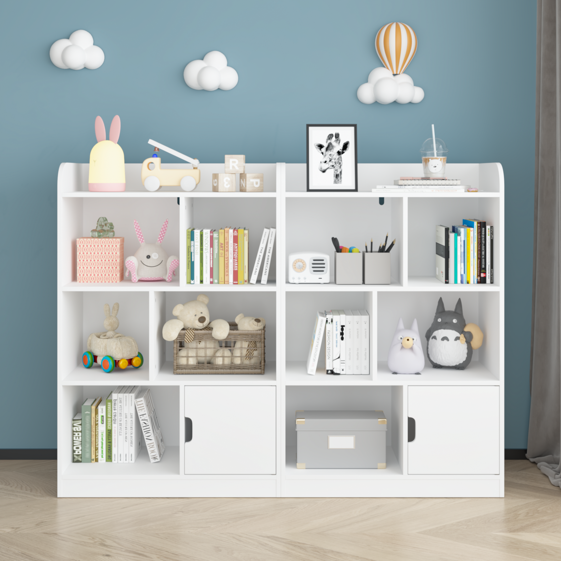 Yellow bunny night light with pink ears on a white shelf with toy fire truck