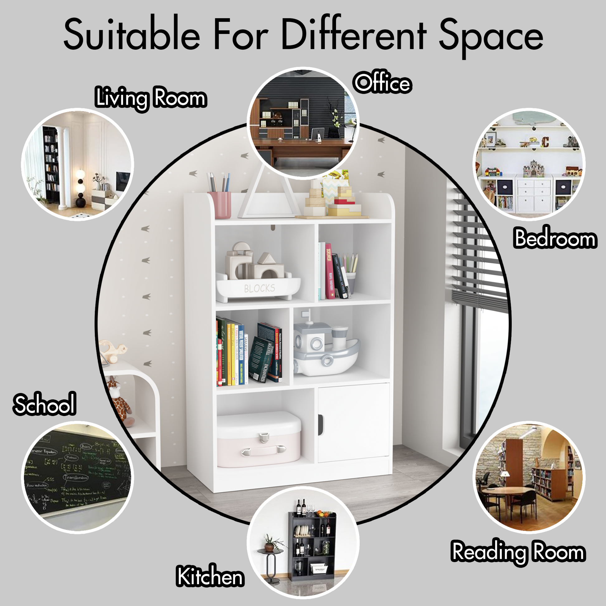 Modern white bookshelf with open and closed compartments suitable for living rooms