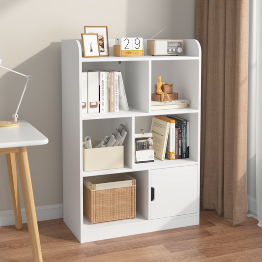 White modern bookshelf with decorative items books and storage basket