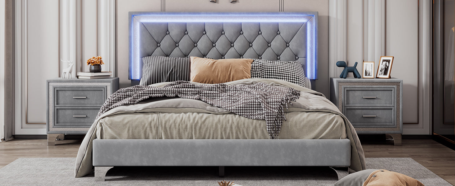 Luxurious gray tufted headboard bed with integrated LED lighting for a modern bedroom