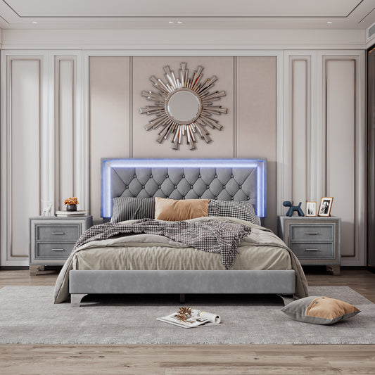 Grey tufted king size bed with LED headboard and elegant bedside tables