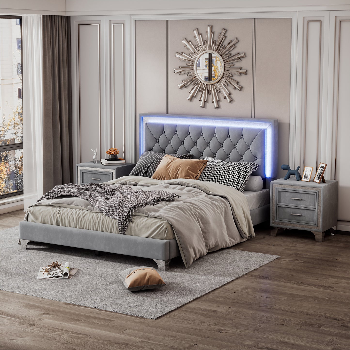 Grey velvet bed with tufted headboard and blue LED lighting king size