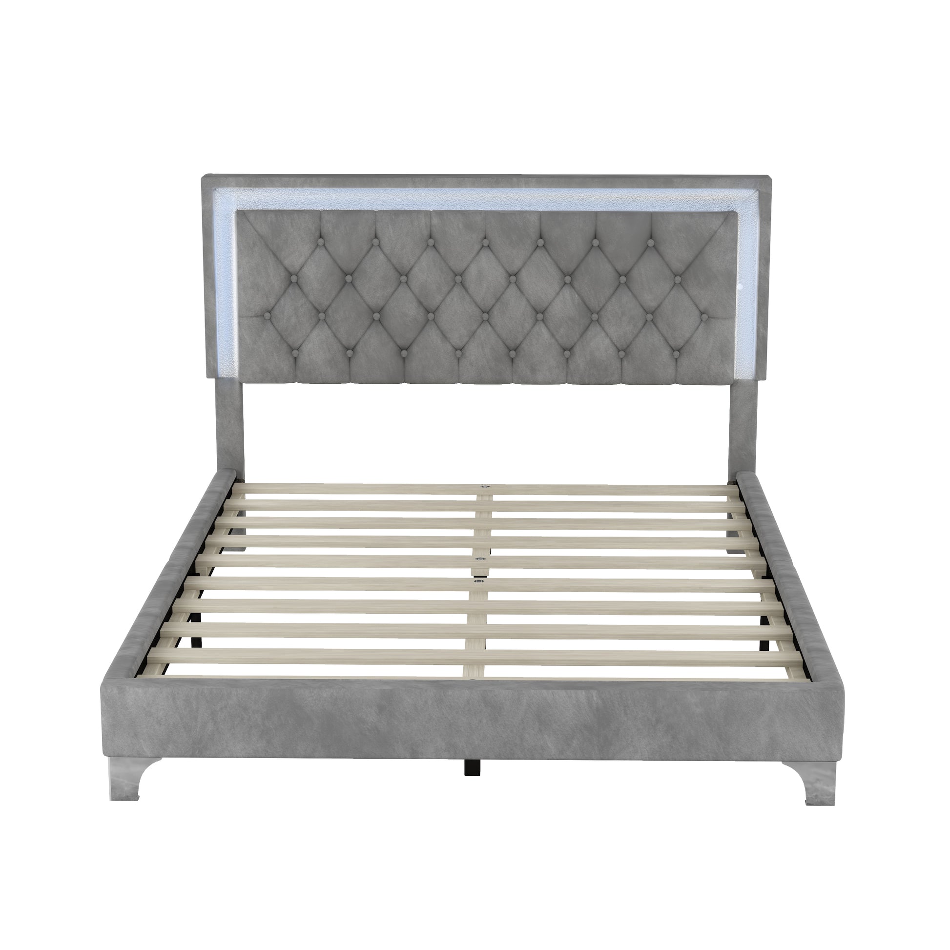 Tufted grey velvet bed frame with LED headboard modern platform bed