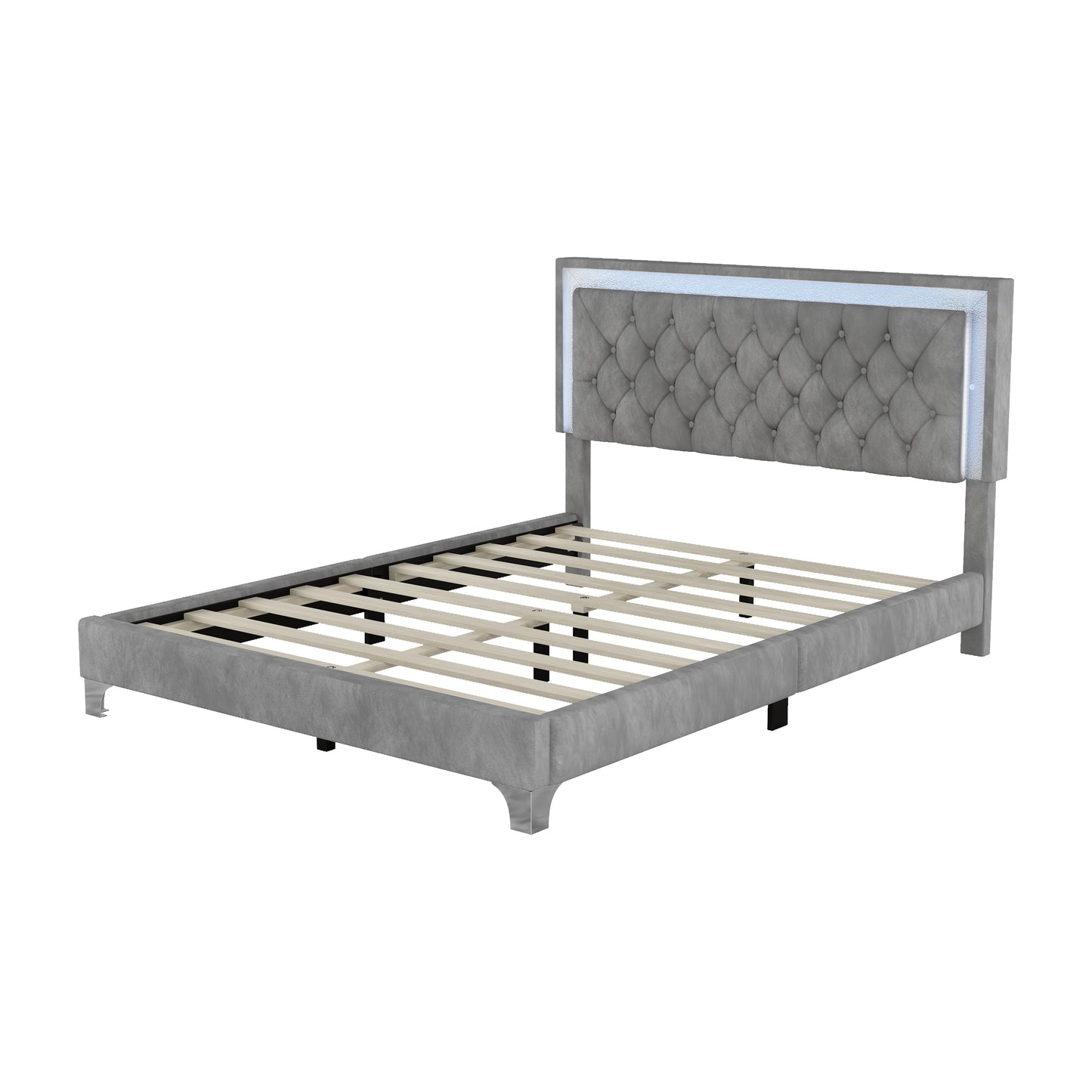 Grey velvet upholstered bed frame with tufted headboard and LED lighting