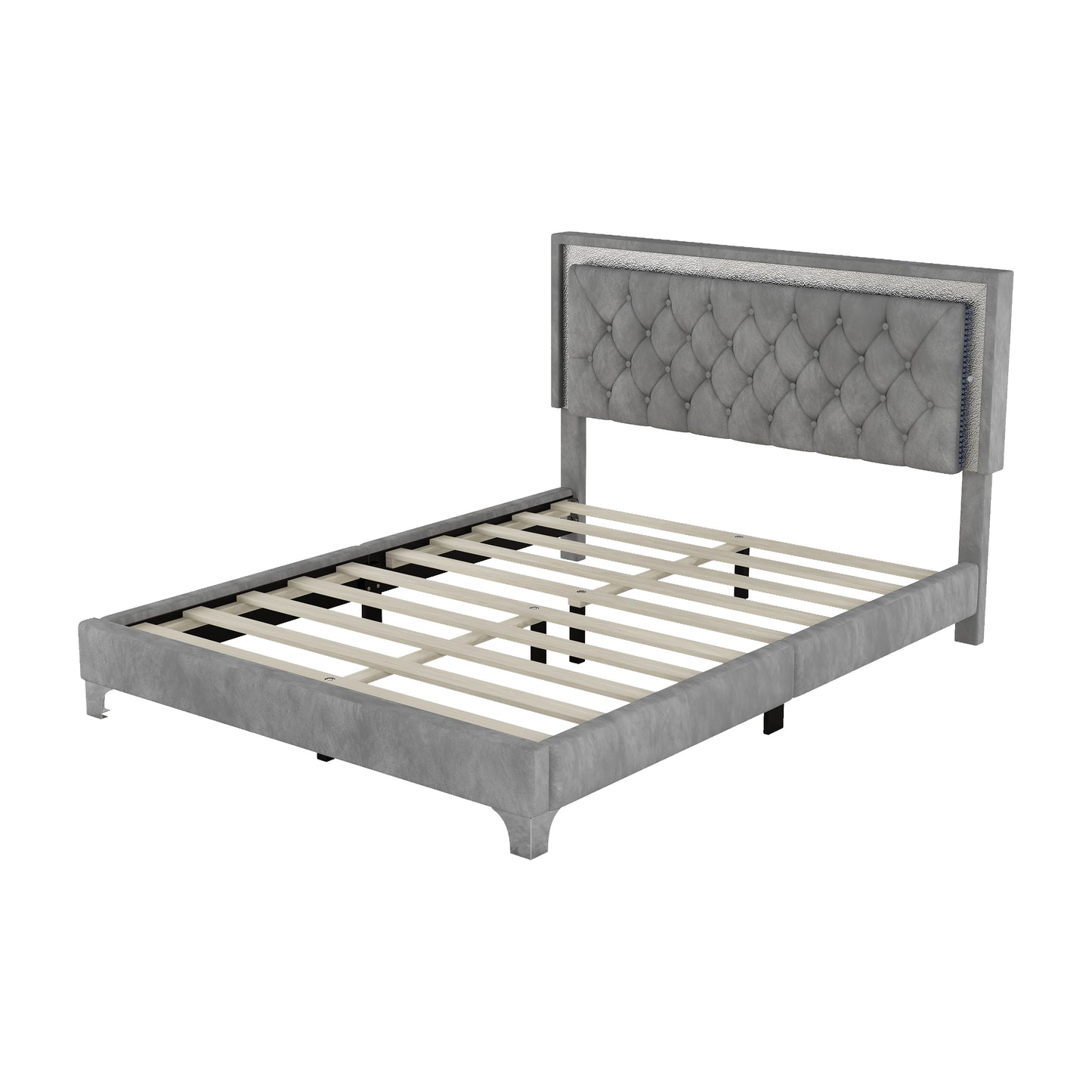 Grey velvet tufted headboard bed frame with wood slats for mattress support