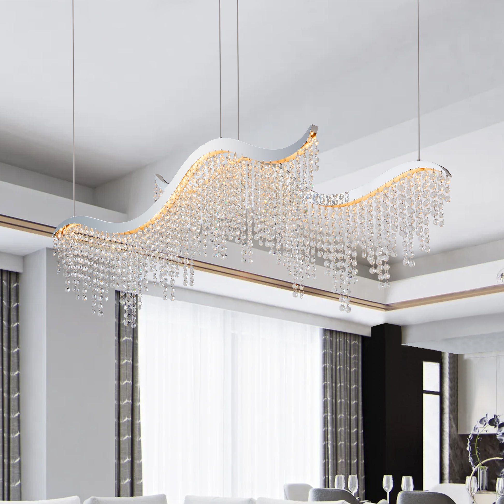 Modern crystal chandelier with wavelike chrome frame and cascading beads