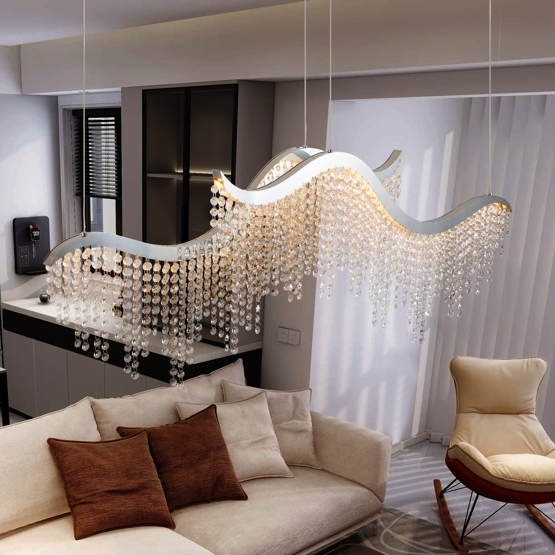 Elegant waveshaped chandelier with cascading crystal accents and brushed nickel finish