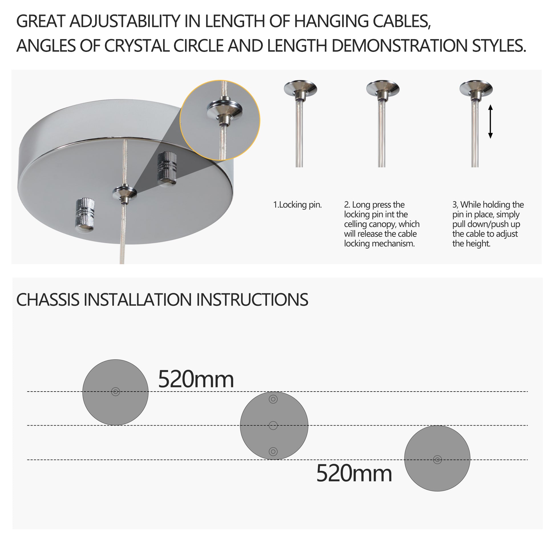 Chrome ceiling canopy with adjustable hanging cable mechanism