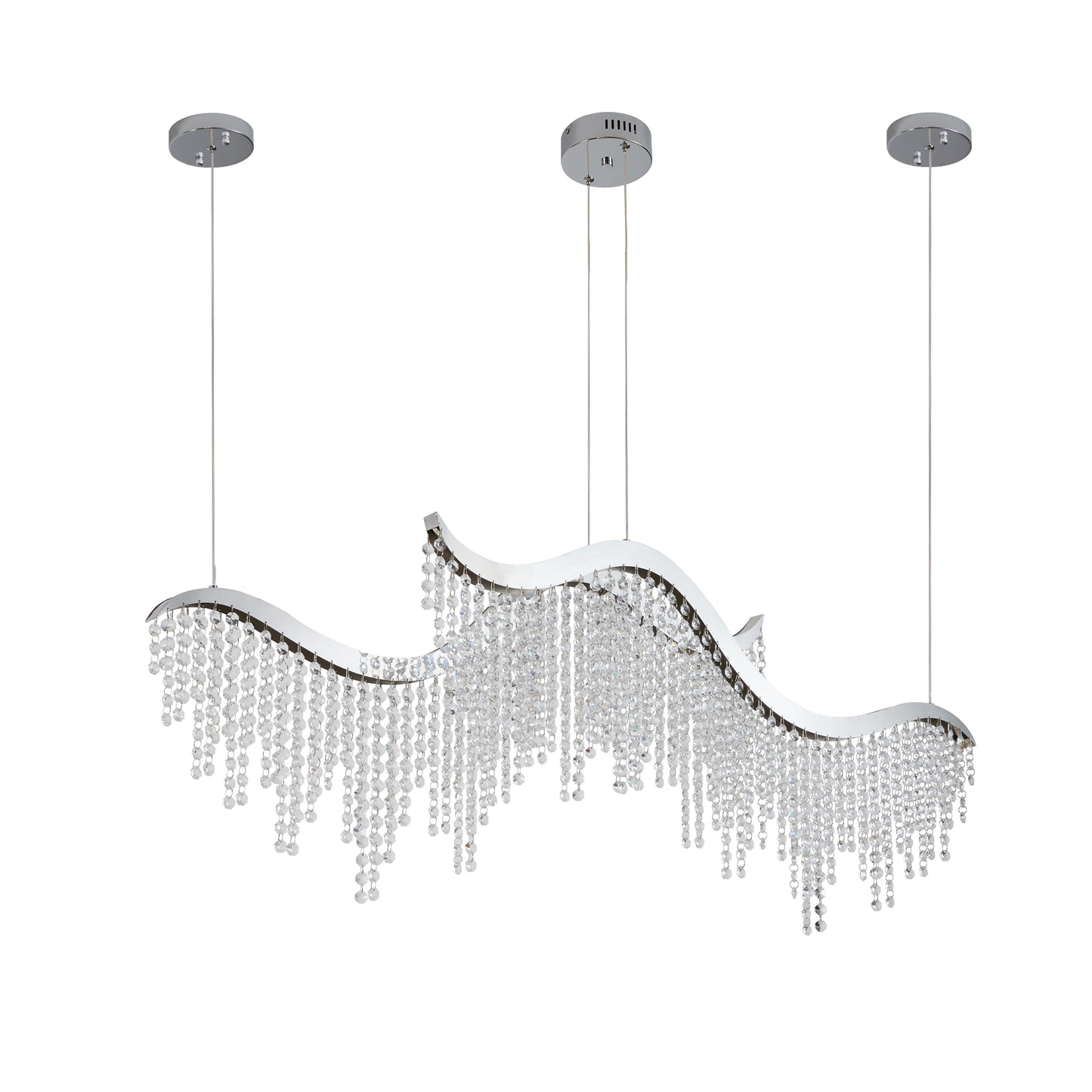 Modern chrome chandelier with cascading crystal strands elegant lighting fixture