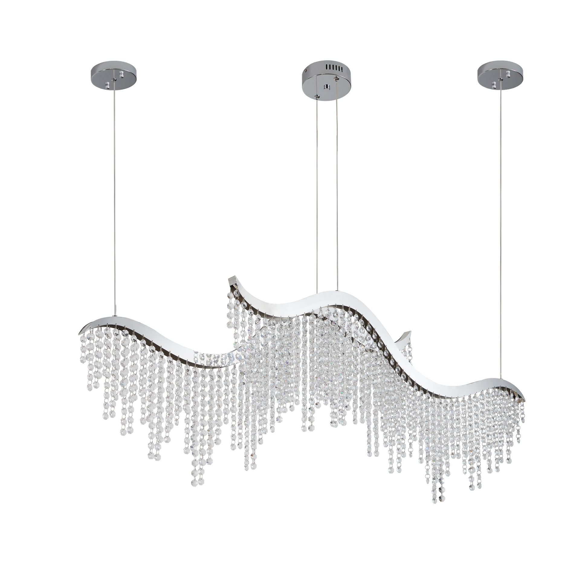 Modern chrome chandelier with cascading crystal strands elegant lighting fixture