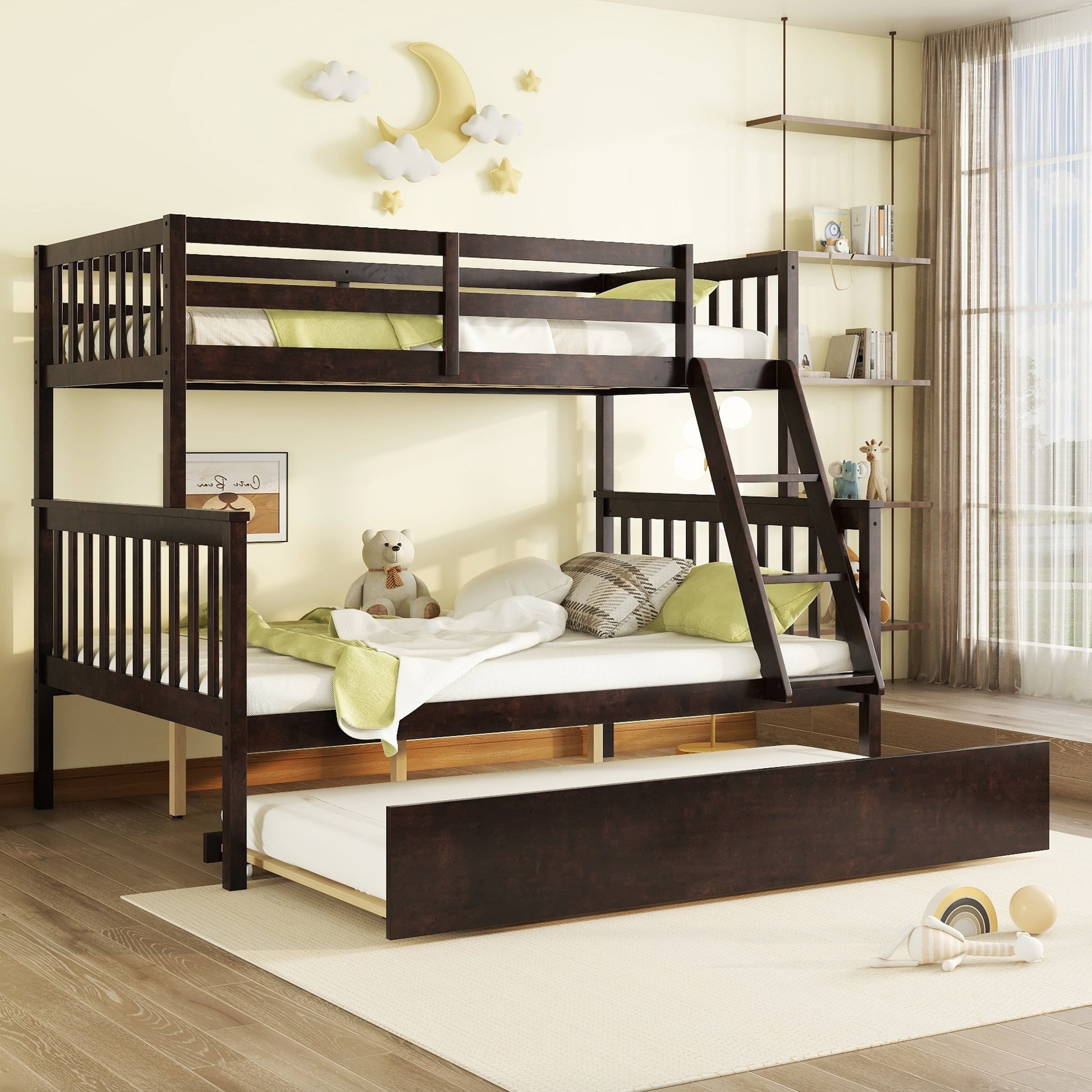 Dark brown triple bunk bed with pullout trundle