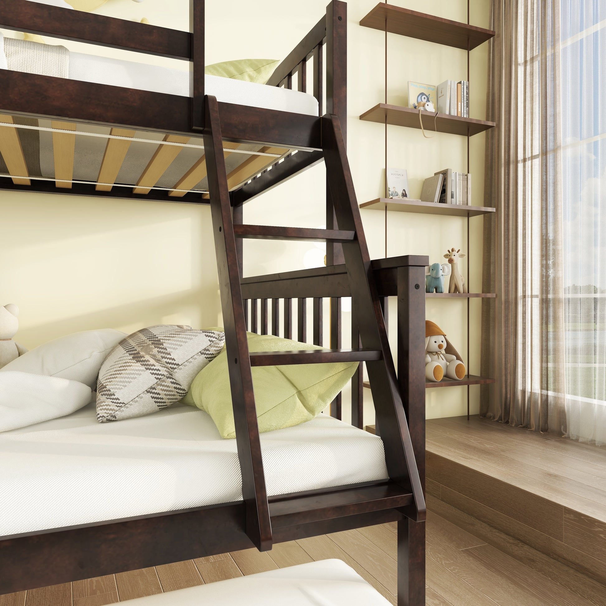 Dark brown wooden bunk bed with white mattresses and colorful pillows
