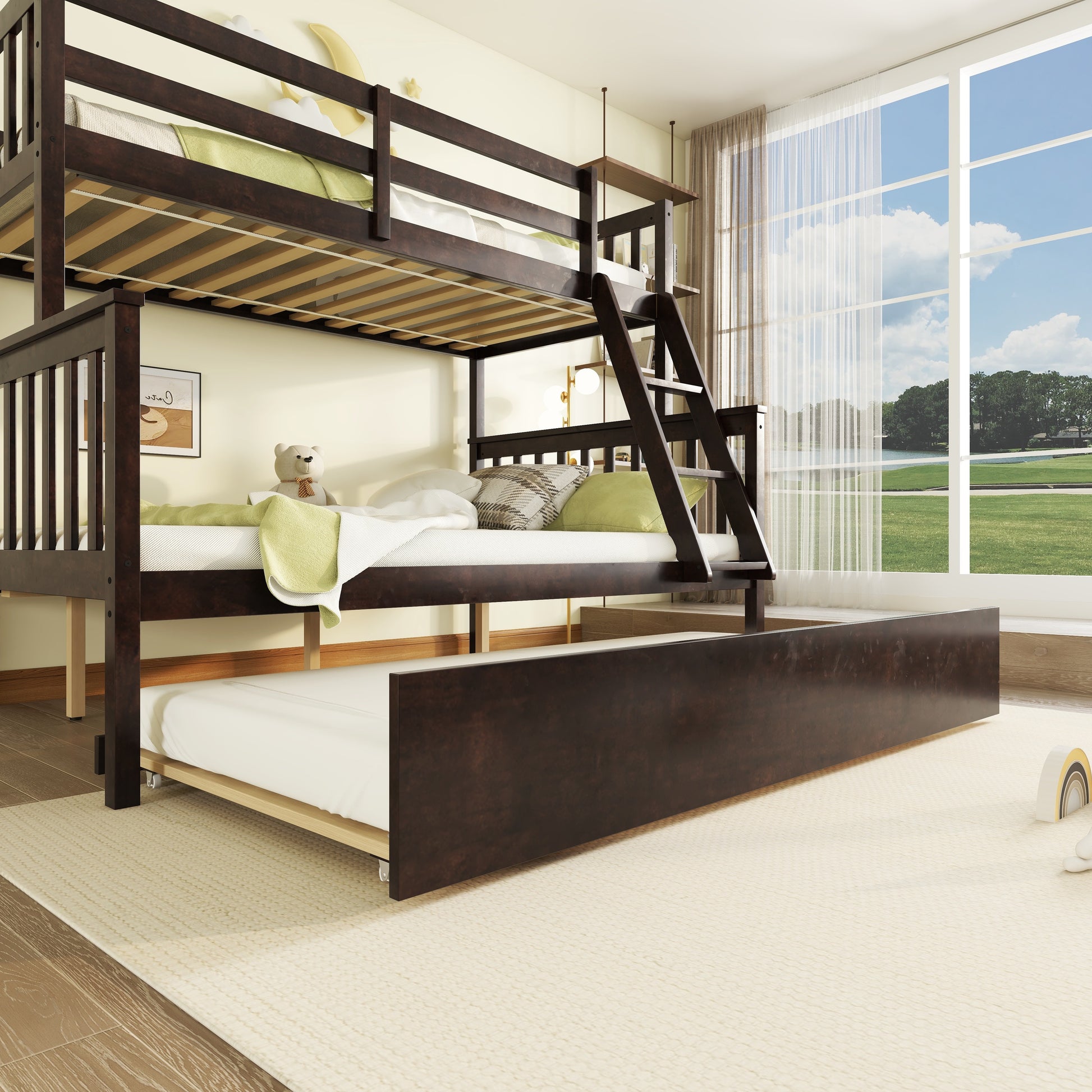 Dark wood triple bunk bed with trundle