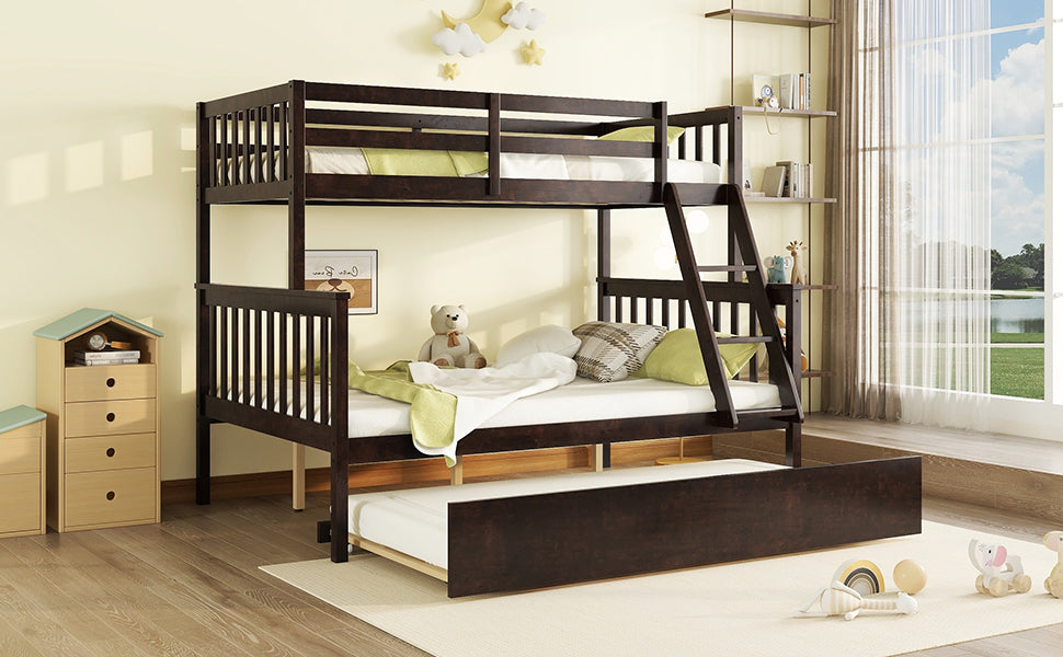 Dark wood triple bunk bed with pullout trundle