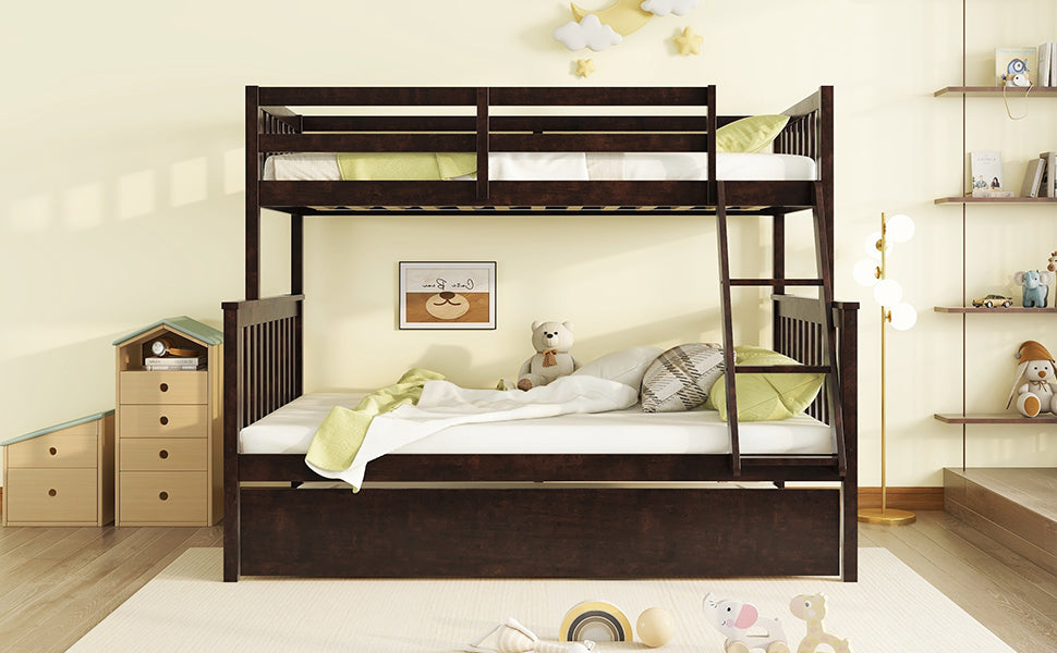 Dark brown wood twin over twin bunk bed with pullout trundle
