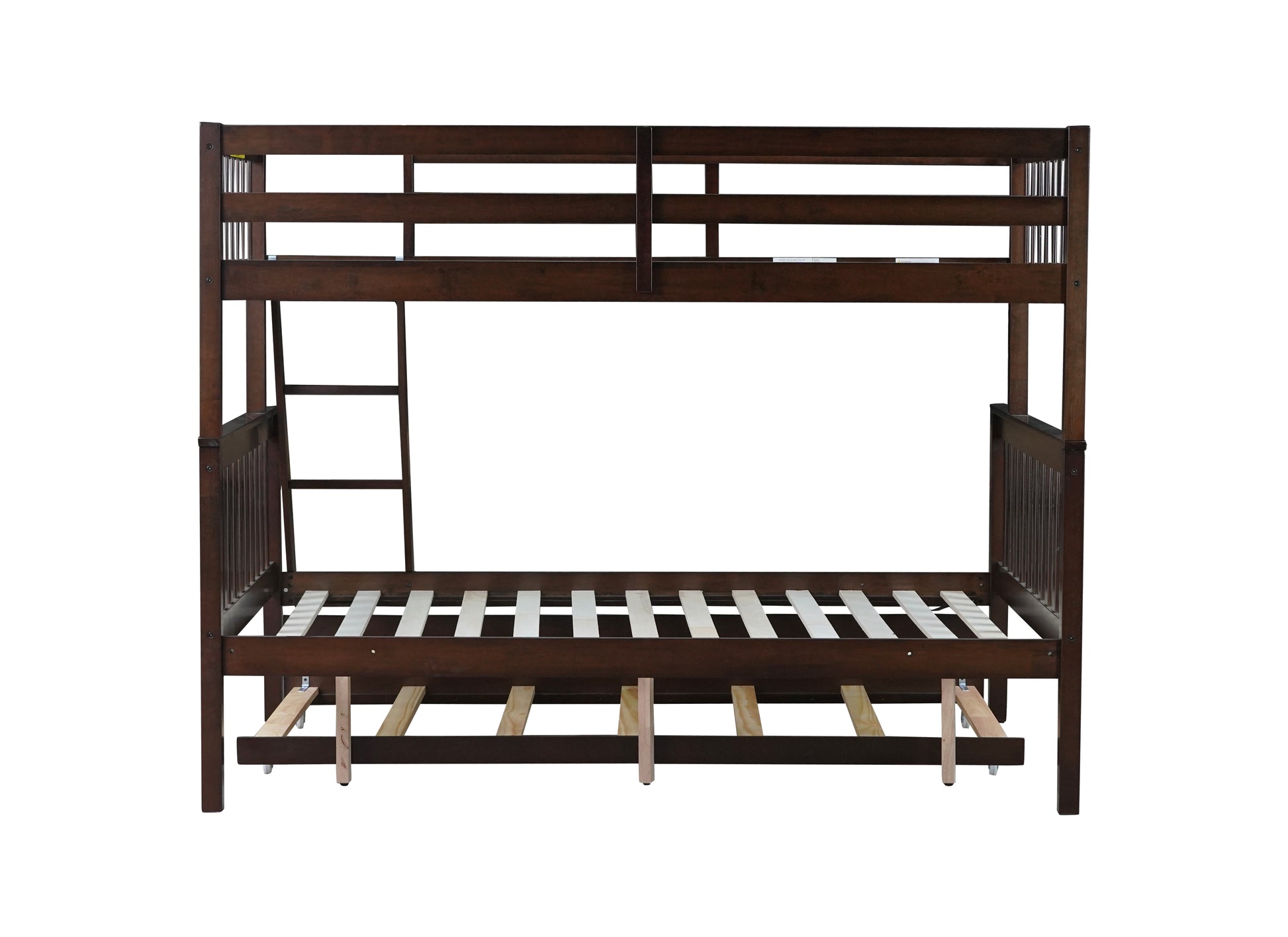Dark wood twin over twin bunk bed with pullout trundle
