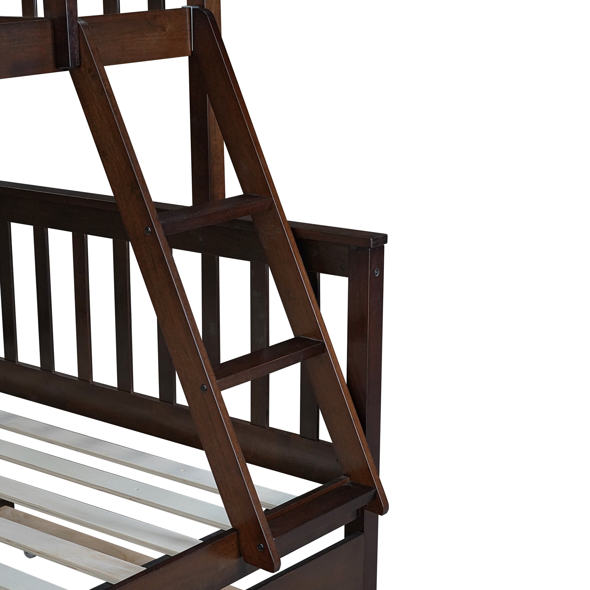 Closeup of dark brown wooden bunk bed ladder with slatted support
