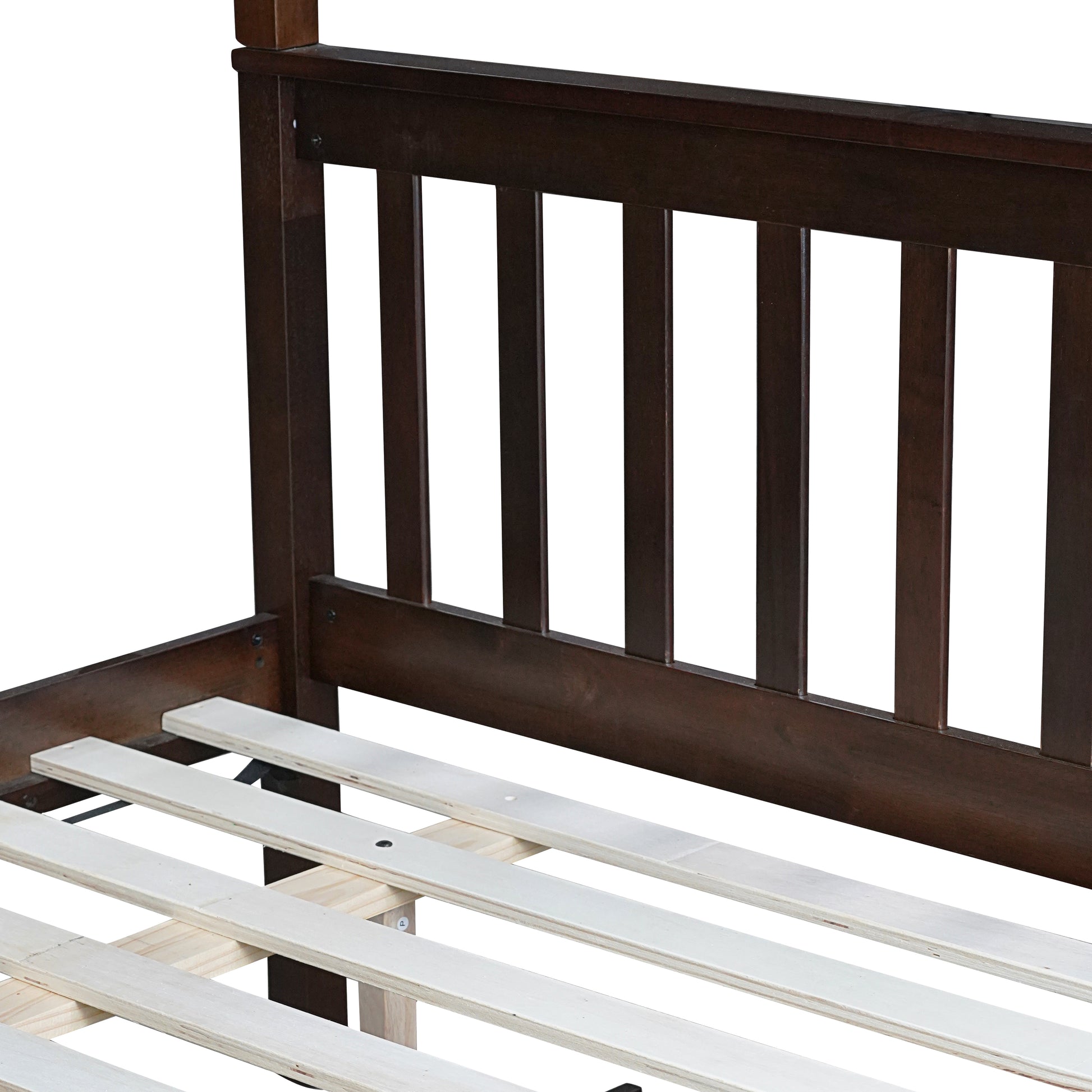 Dark brown wooden toddler bed frame with slatted headboard and mattress support