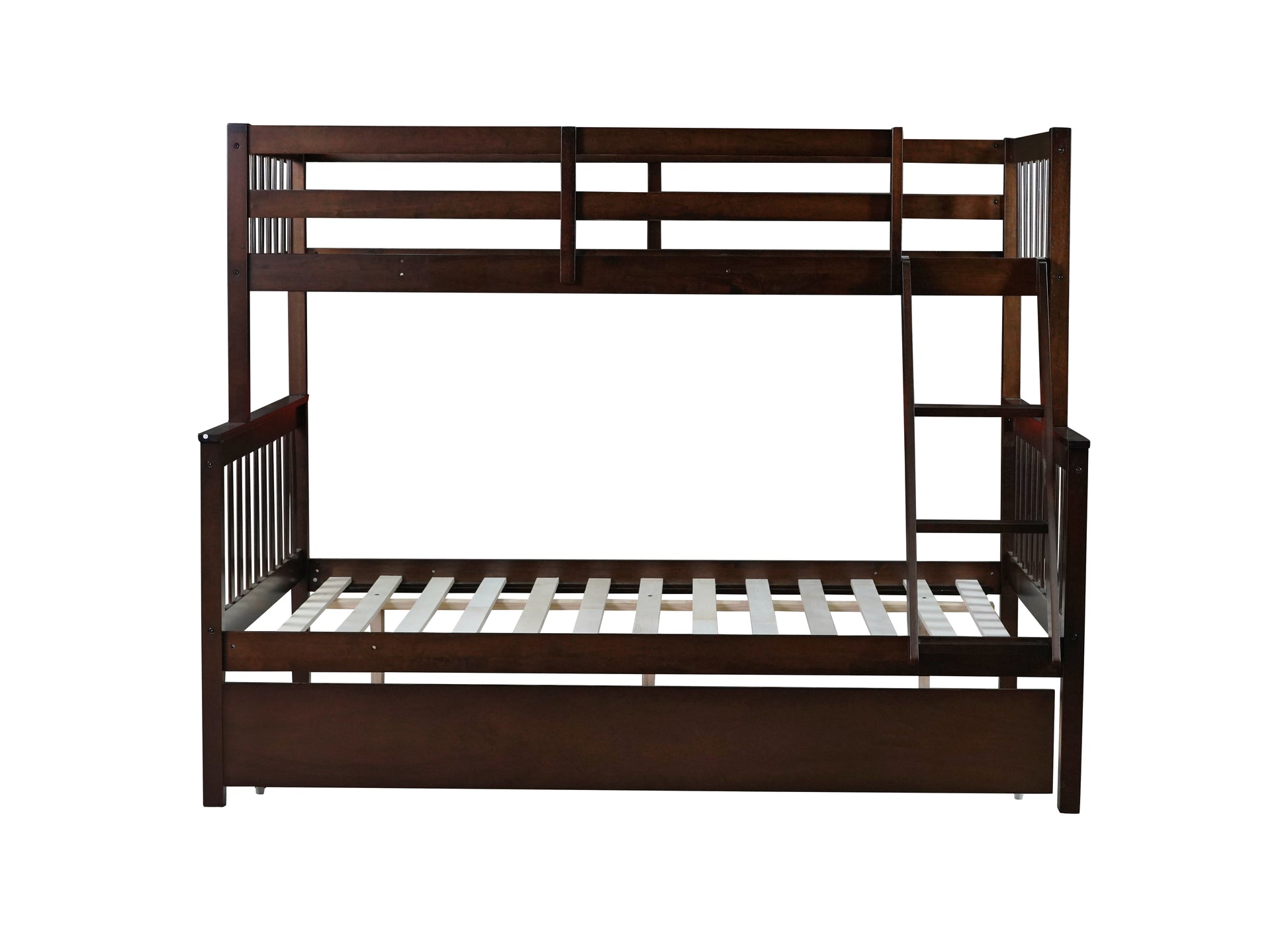 Dark wood bunk bed with ladder and slats for mattresses