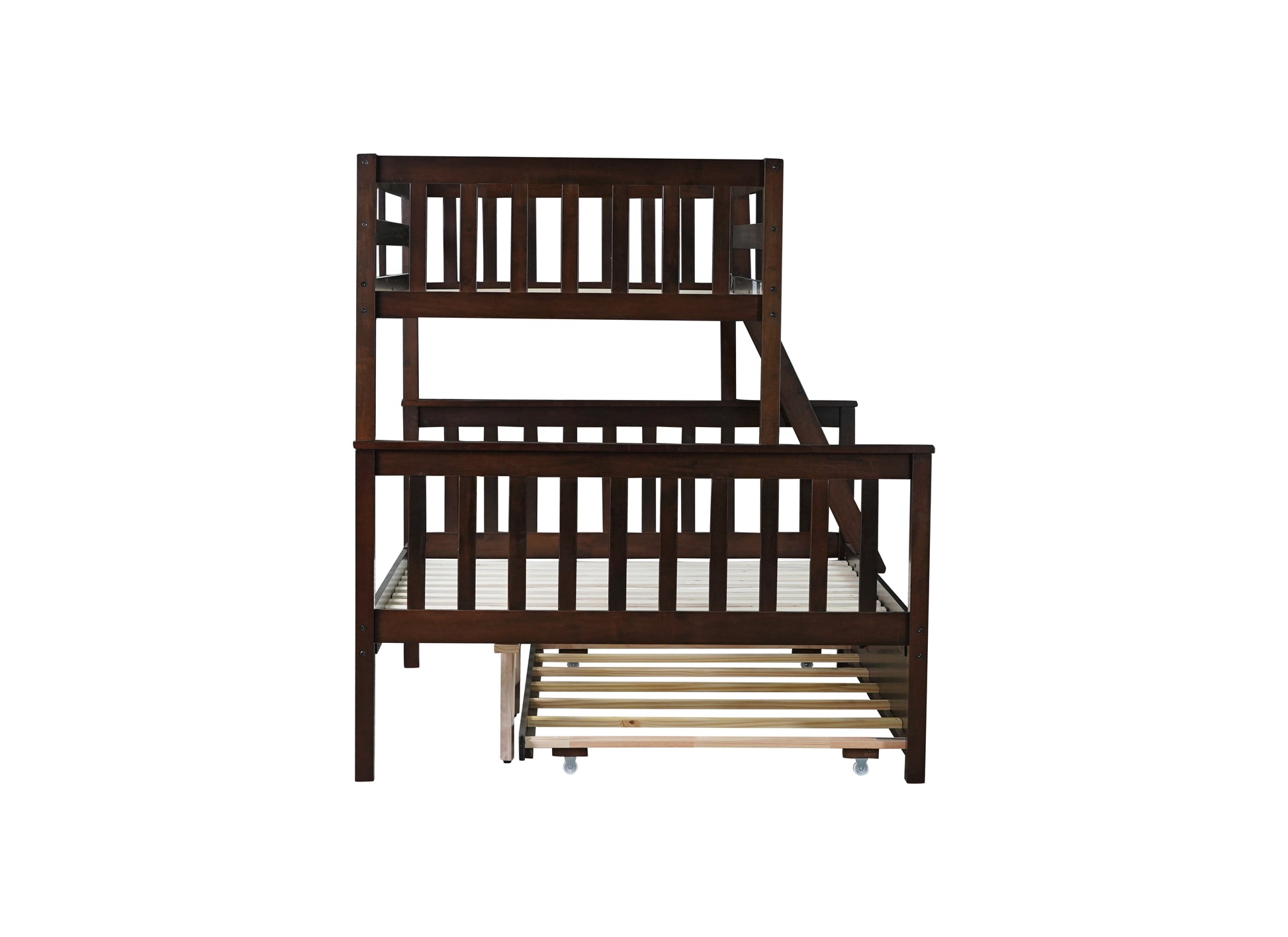 Dark brown wooden triple bunk bed with removable trundle for kids