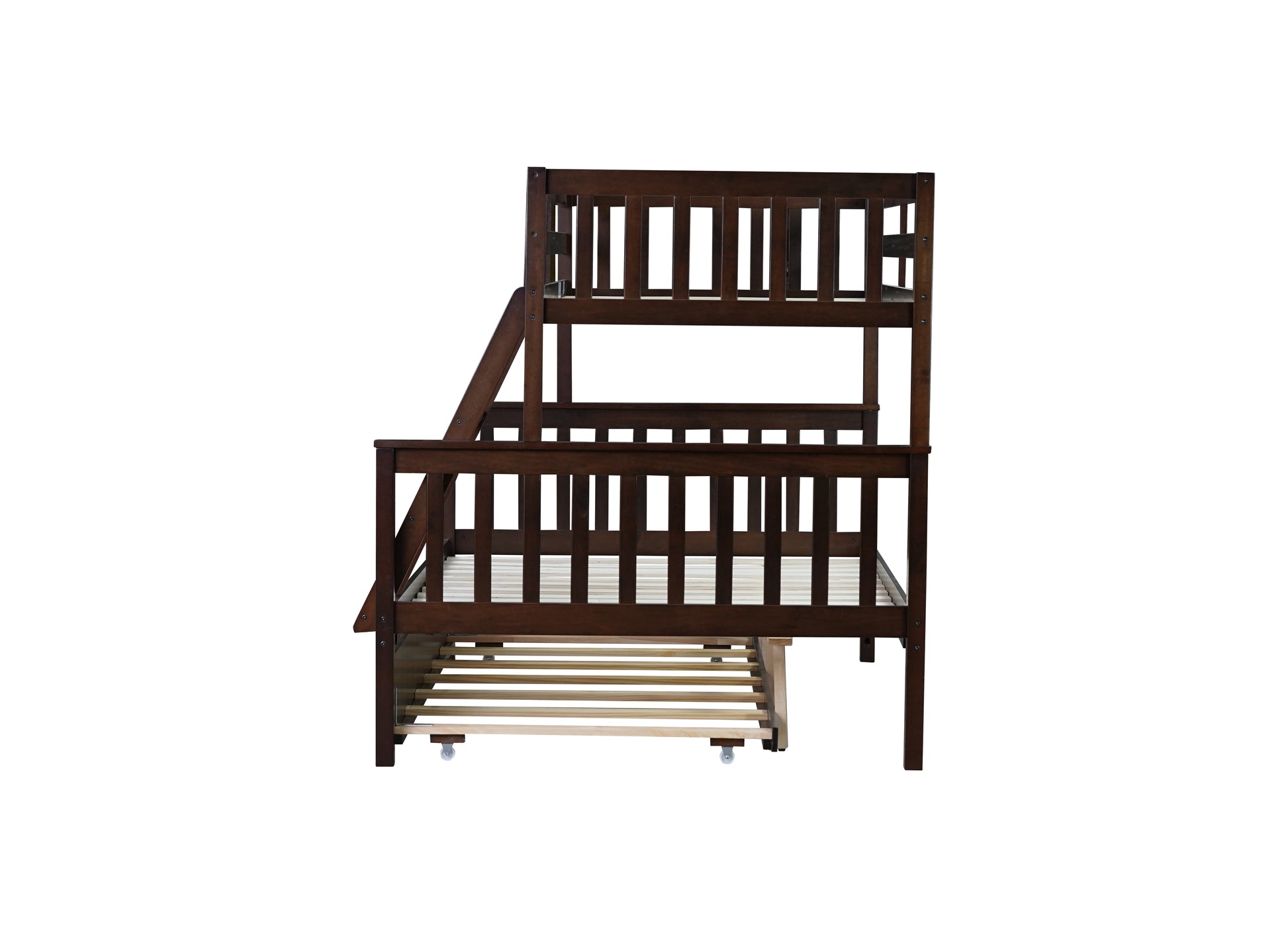Dark brown wood triple bunk bed with ladder and trundle