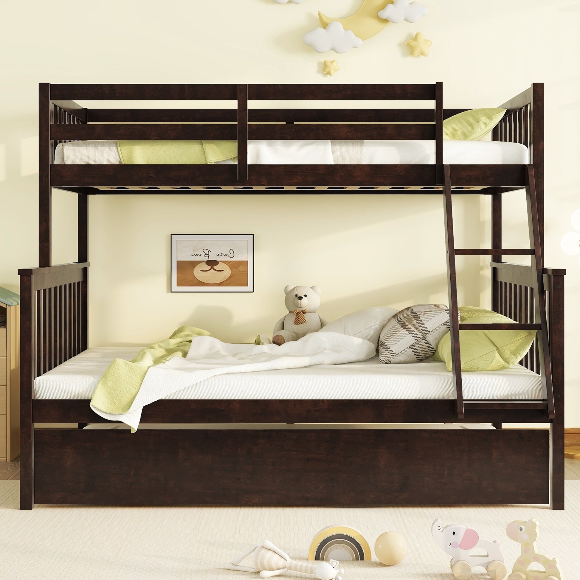 Dark brown wooden triple bunk bed with storage drawers