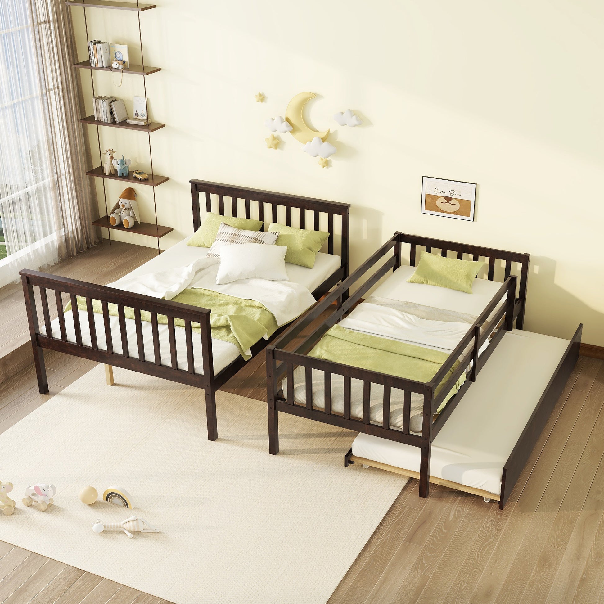 Dark brown twin daybed with trundle and green bedding for kids room
