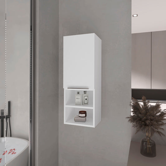 White wallmounted bathroom cabinet with open shelving for toiletries