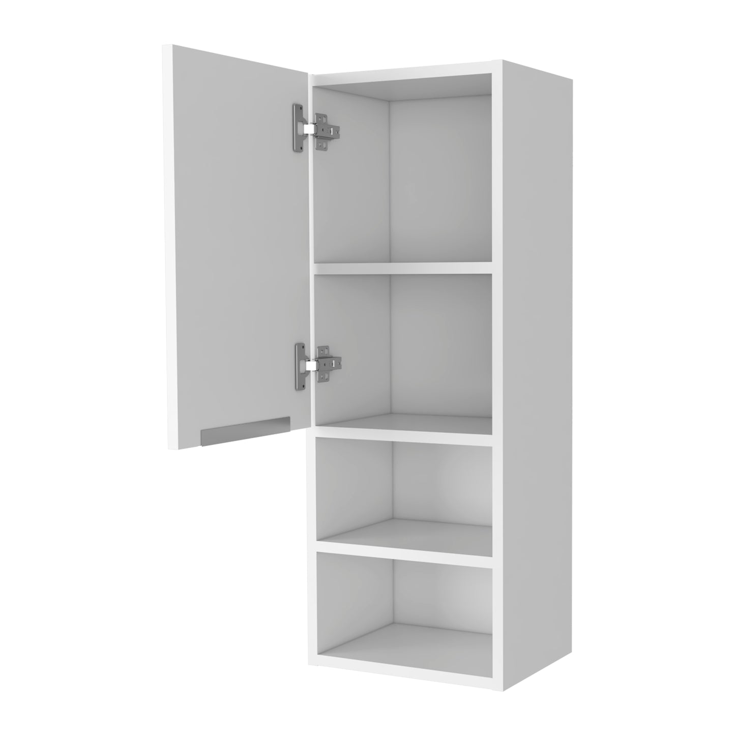 White narrow wall cabinet with open door and four shelves for bathroom storage