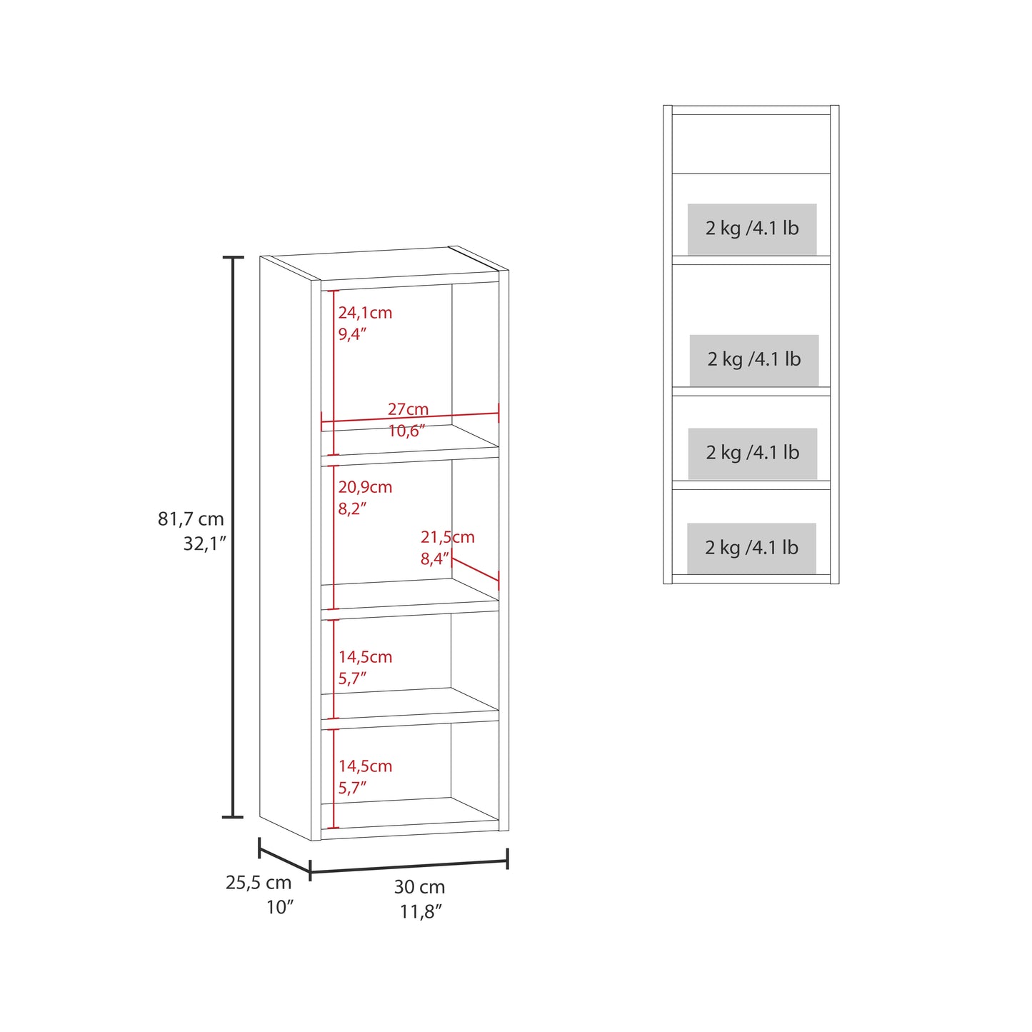 Diagram of a narrow white bookshelf unit with four shelves and dimensions
