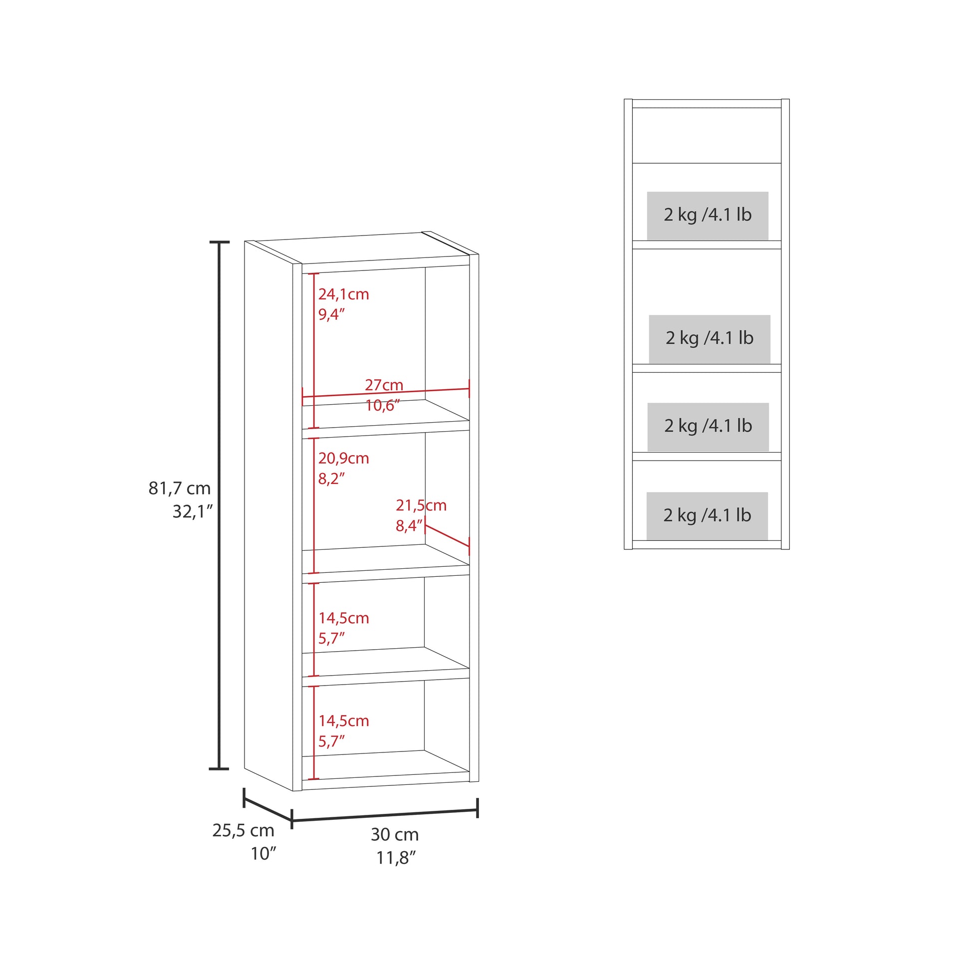 Diagram of a narrow white bookshelf unit with four shelves and dimensions