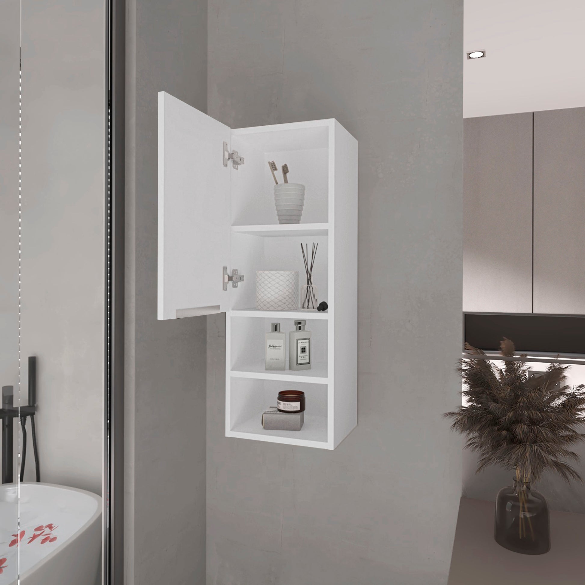 Open white bathroom medicine cabinet with three shelves displaying toiletries and toothbrushes