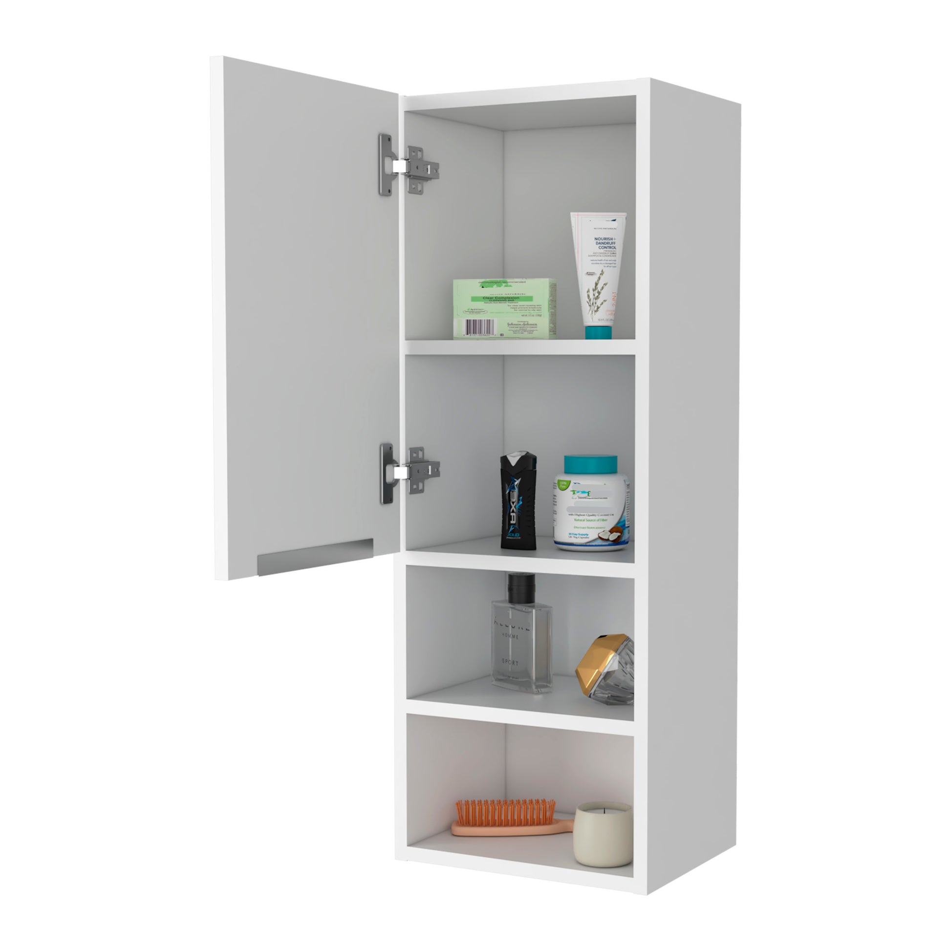White modern wall cabinet with open door displaying toiletries and home decor