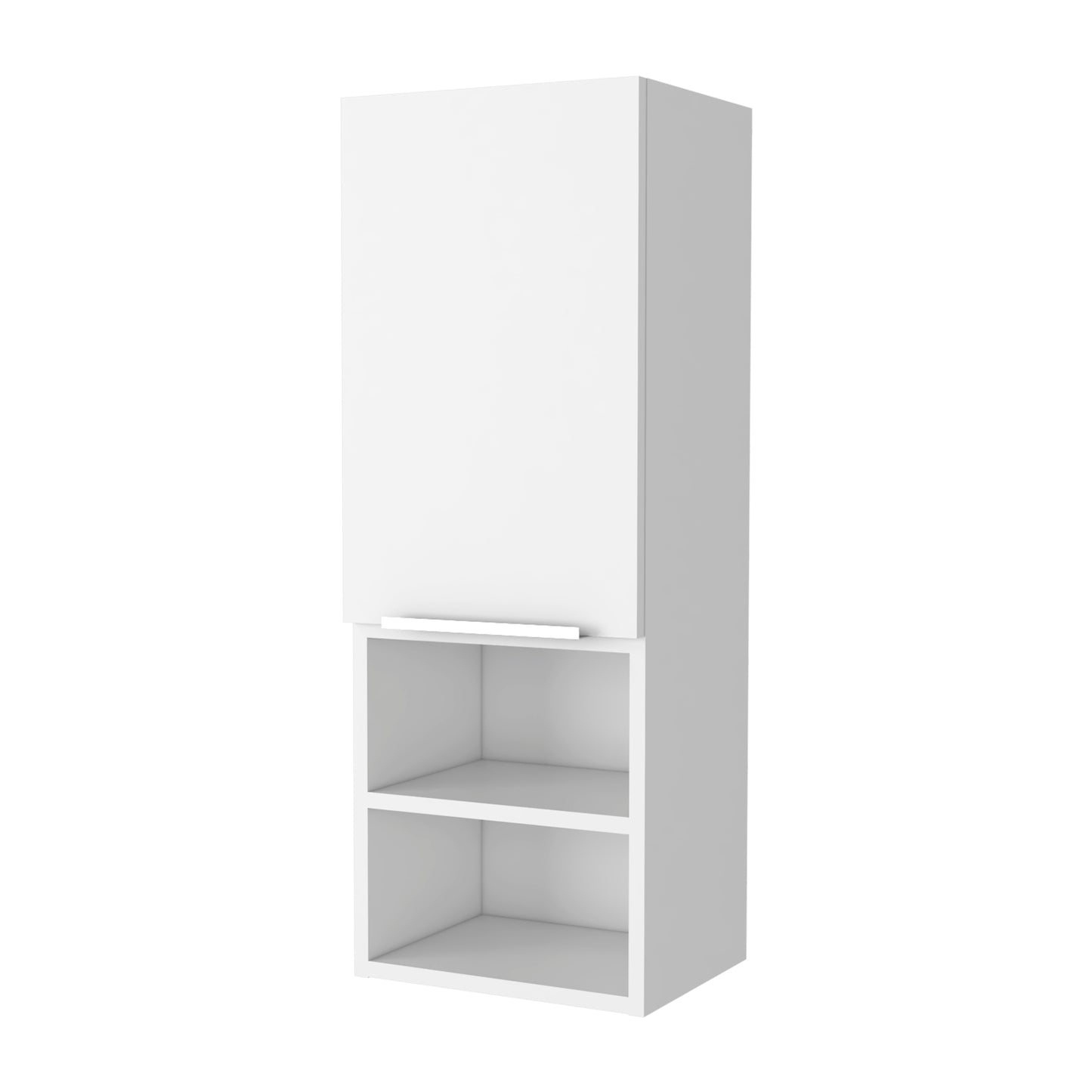 Tall white wall cabinet with a single door and two open shelves below