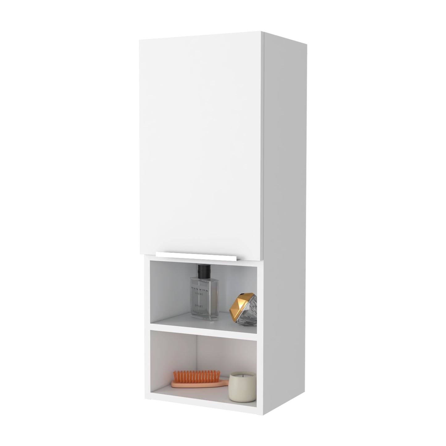 Modern white tall bathroom storage cabinet with open shelves displaying toiletries