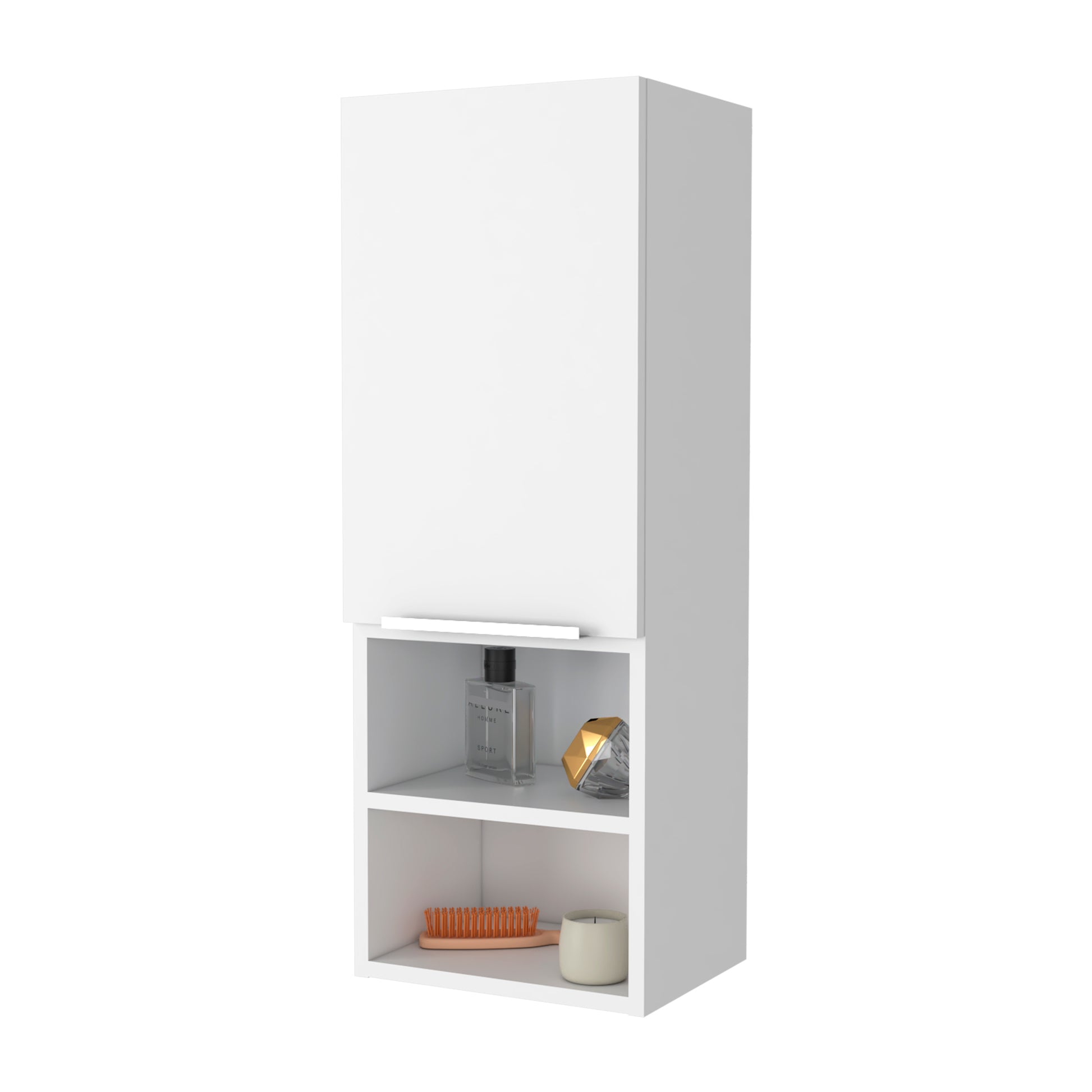 Modern white tall bathroom storage cabinet with open shelves displaying toiletries