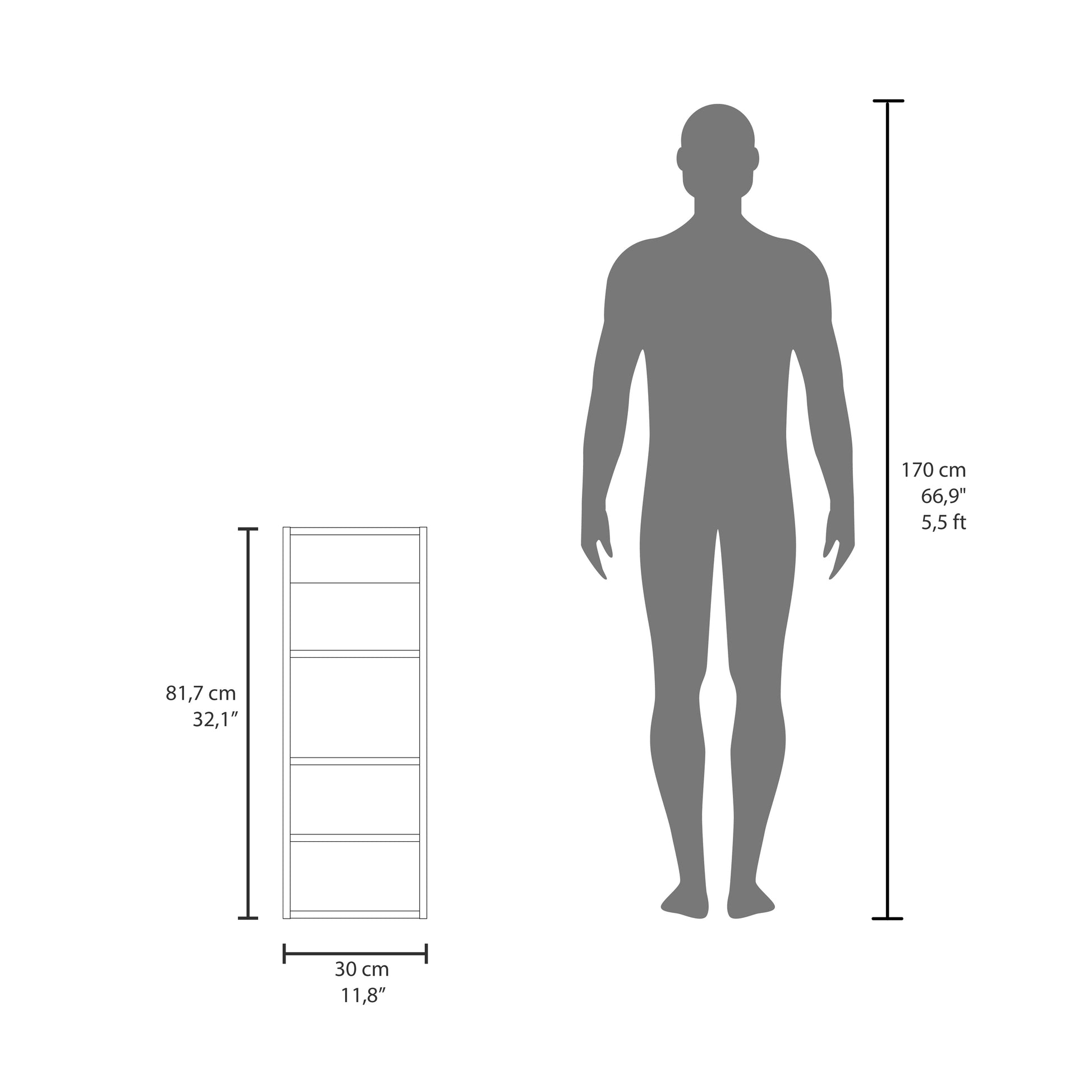 Slim fourshelf bookcase shown next to a human silhouette for scale comparison