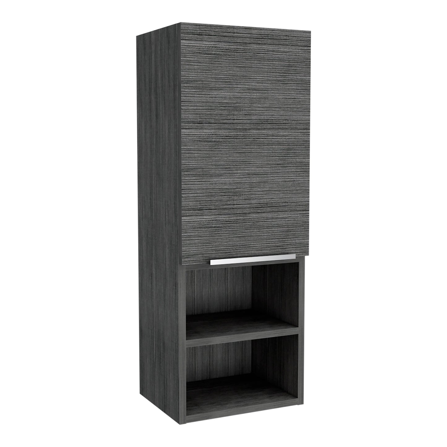 Tall dark grey wood veneer cabinet with open shelves and a cabinet door