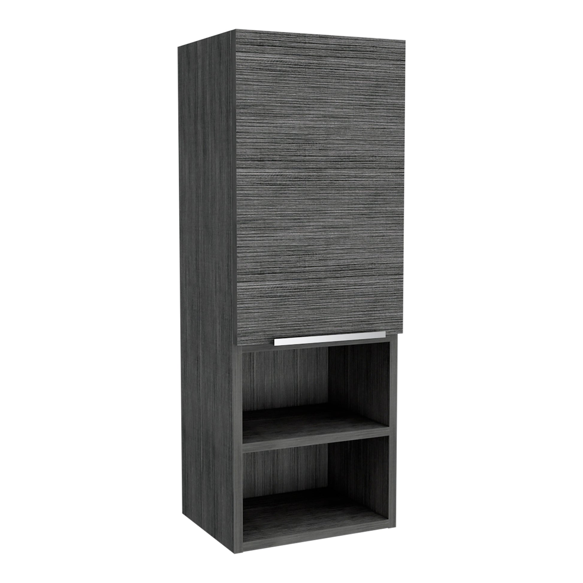 Tall dark grey wood veneer cabinet with open shelves and a cabinet door